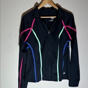 Fila Women's Black Jacket with Pink, Blue, and Green‎ Highlights. Size L